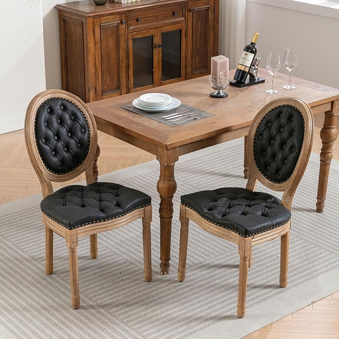 Ball & Cast French Vintage Upholstered Dining Chairs Set of 2, Button Tufted Kitchen Side-Chairs with Carved Antique Wood Frame & Nailhead Trims, PU-Leather Curved Backrest Louis Chair, PU Black