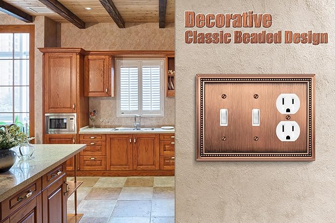 Henne Bery Sunken Pearls Heavy Duty Decorative Wall Plate Switch Plate Outlet Cover (Double Toggle/Single Duplex, Antique Copper)