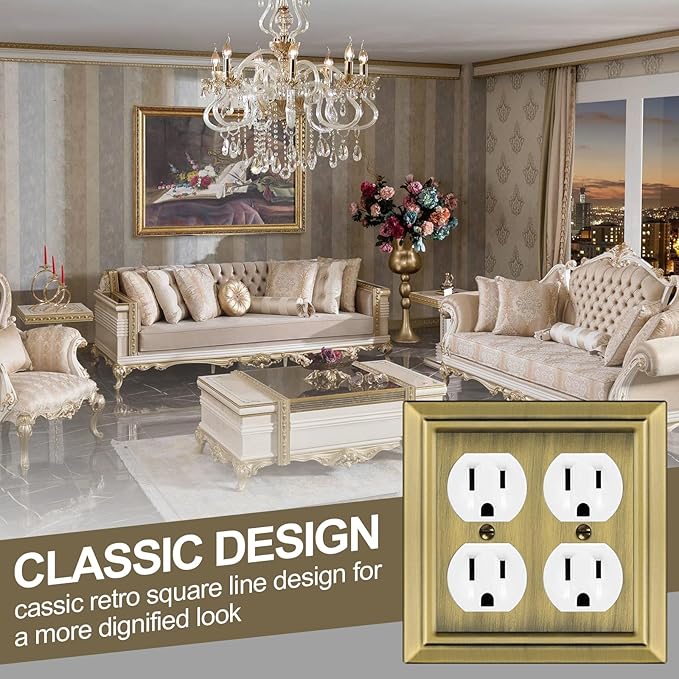 Metal Wall Plate for Electrical Outlets, Decorative Antique Brass Switch Plates Outlet Cover, Light Switch Cover Plate, 2-Gang Wall Plates (Double Duplex Outlet, 2 Pack)