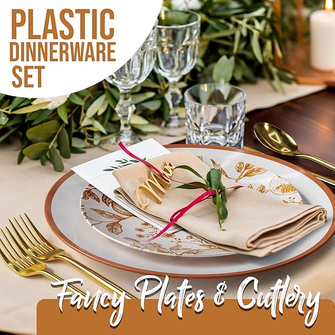 Trendables Fancy Plastic Dinnerware Sets 100 Pc Set 20 Guests Gold Silverware Disposable 20 X 10 Inch Charger Plates 20 X 8 Inch Dessert Plates 20 x Gold Plastic Forks and Spoons Knives In Pomegranate