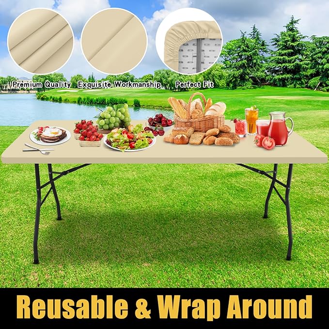 Smiry Rectangle Picnic Table Cloth, Waterproof Elastic Fitted Tablecloths for 8 Foot Tables, Washable Polyester Table Cover for Camping, Indoor and Outdoor (Champagne, 30"x96")