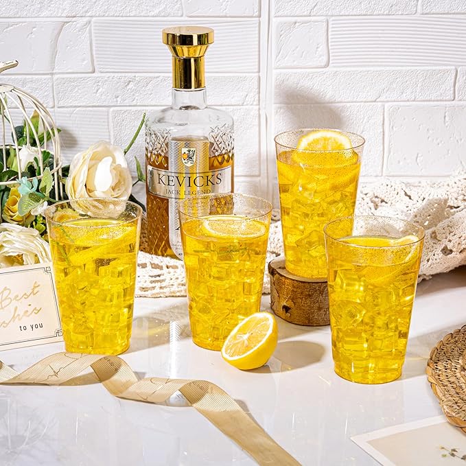 I00000 100 Pack 14 oz Gold Plastic Cups, Disposable Tumblers Gold Glitter Plastic Cups, Disposable Wine Glasses Cocktail Glasses Perfect for Wedding, Mother's Day & Party