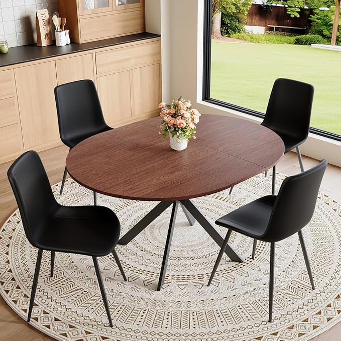 Round Dining Table Set for 4｜42"-54" Extendable Dining Room Table Set｜Wooden Kitchen Table with 4 Chairs｜Mid Century Modern Dinner Table Set with Cross Legs｜Easy Assembly｜Space Saving