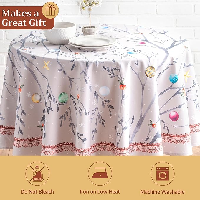 Maison d' Hermine Table Cloth Round Table 100% Cotton 69 Inches Fall Tablecloth Reusable Everyday Use for Thanksgiving Christmas Decorations Dining Farmhouse Party (Fairy Christmas)