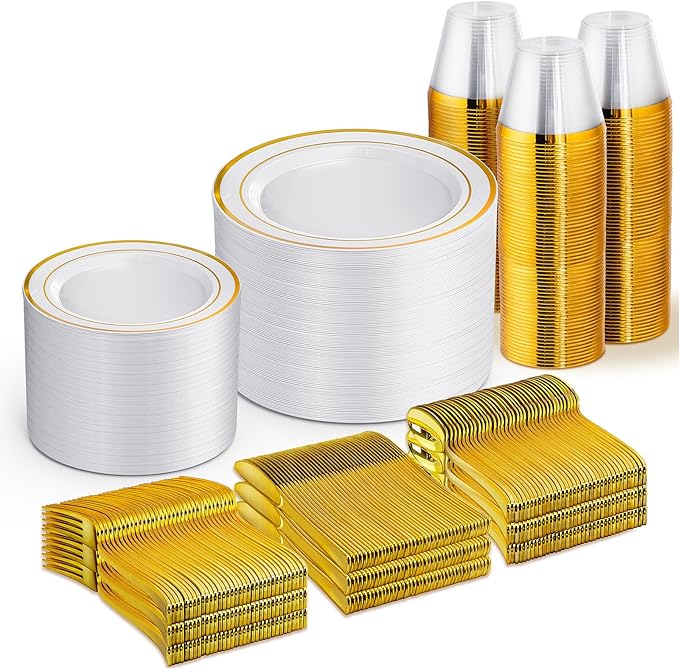 WELLIFE 600 PCS Gold & White Disposable Dinnerware Set for 100 Guests — White Plastic Plates with Gold Rim, Dinner & Salad Plates, Cups, Forks, Knives & Spoons for Weddings & Elegant Events
