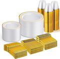 WELLIFE 600 PCS Gold & White Disposable Dinnerware Set for 100 Guests — White Plastic Plates with Gold Rim, Dinner & Salad Plates, Cups, Forks, Knives & Spoons for Weddings & Elegant Events