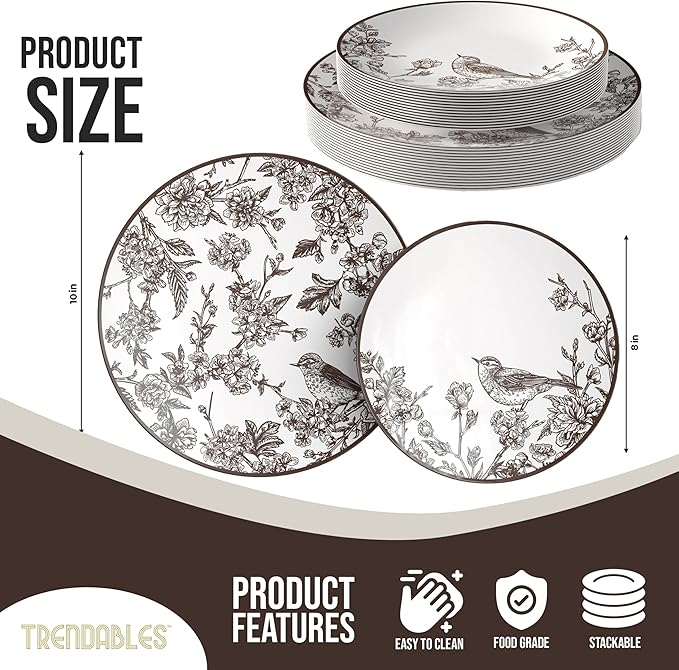 Trendables Disposable Dinnerware Sets Vintage Plates Plastic Disposable Plates Set For 20 Guests 20 x 8 Inch Dessert Plate & 20 x 10 Inch Wedding Plates & Party Plates Rustik