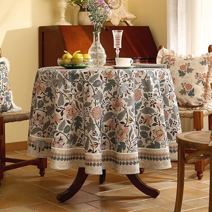 ISAENNE Designer Boho Floral Round Tablecloth,Linen Lotus Flower Pattern Colorful Indoor Table Cloth,Durable Decor Tablecloths for Dining Thanksgiving Kitchen Christmas,Diameter 67"-Hazel A