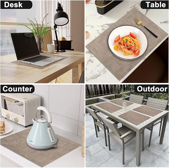 Leather Heat Resistant Placemats Set of 6 Waterproof Wipeable Washable PU Table Mats,Easy to Clean Anti-Slip Place Mats (Light Brown, 6)
