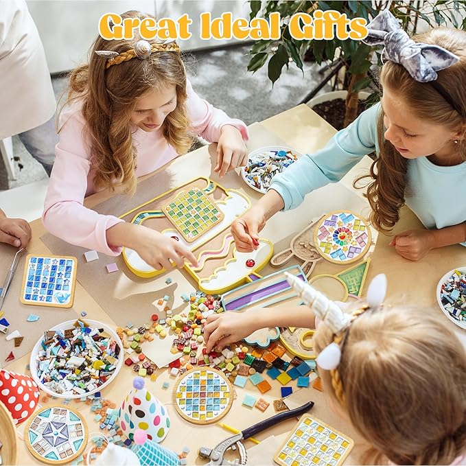 Airsnigi 10 Set DIY Mosaic Tiles for Crafts Mixed Color Glass Mosaic Kits with Wooden Coasters DlY Coasters Kit Mosaic Supplies for Adult DIY Kit Bamboo Coaster Christmas Gift for Drinks Tray