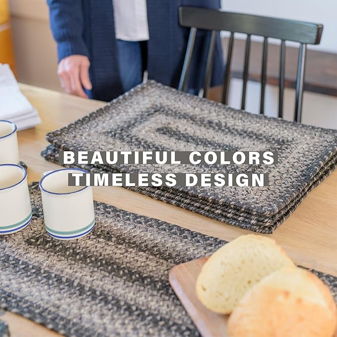 Homespice Flint Hill Jute Braided Placemats, Warm Primitive Decor, Set of 4, Grey 13x19 Oval Table Mats - Vibrant Colors, Durable, Easy to Clean and Protects Furniture