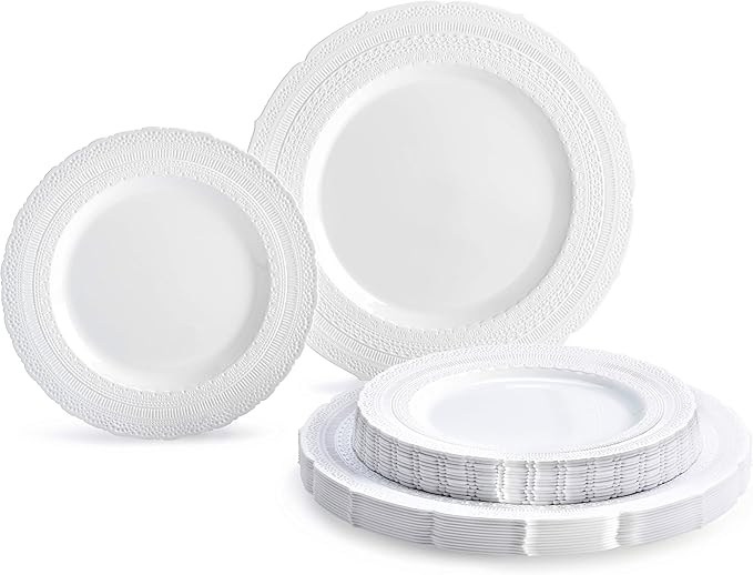 " OCCASIONS " 80 Plates Pack,(40 Guests) Extra Heavyweight Vintage Wedding Disposable/Reusable Plastic Plates 40 x 11'' Dinner + 40 x 8.25'' Salad/Dessert Plate (Chateau White)
