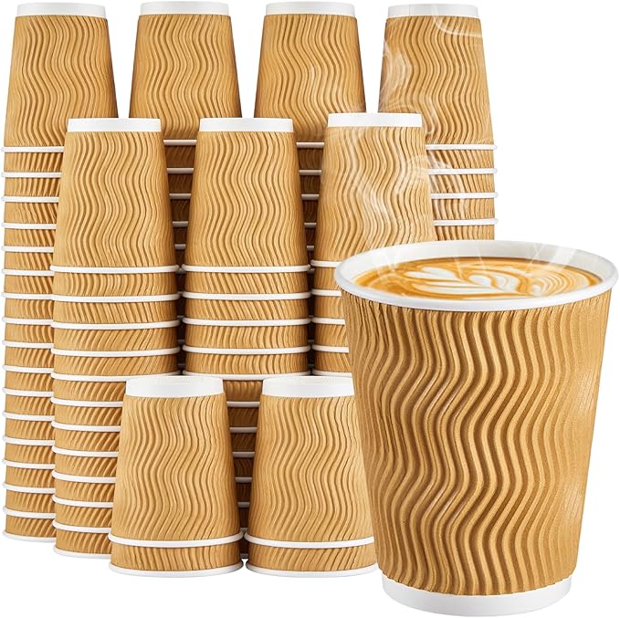 SIUQ 8 oz Coffee Cups - 150 Pack, Insulated Disposable Paper Cups 8 oz, Corrugated Ripple Wall Cups for Hot Beverage or Cold Drinks (Champagne)