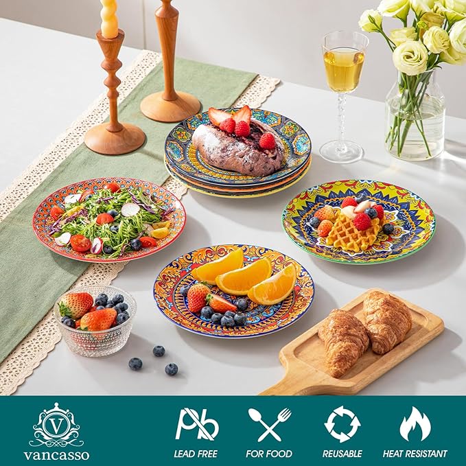 vancasso Bohemian Dessert Plates Set of 6, 8.5 Inch Ceramic Salad Plates, Boho Small Dinner Plates, Colorful Printed Kitchen Plate for Breakfast, Microwave & Dishwasher Safe Dishes, Series KRVI