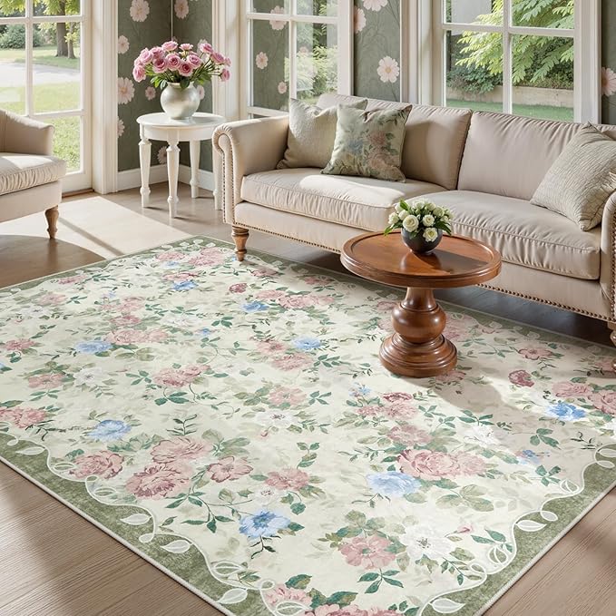 Lahome Floral Washable 5x7 Rug, Boho Area Rug for Bedroom,Vintage Living Room Rugs Non Slip Low Pile Ultra-Thin Large Carpet for Farmhouse,Dining Room,Kids Playroom(5'X7',Cream/Green)