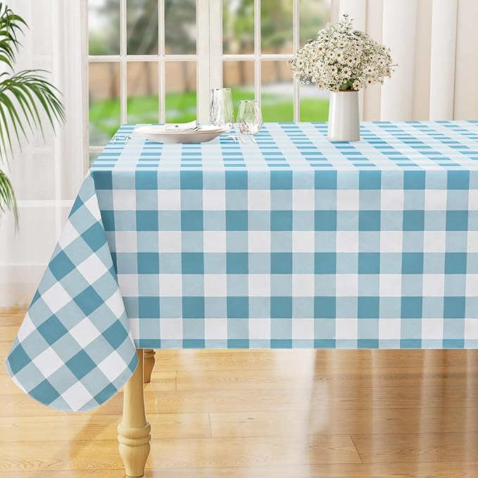 misaya Rectangle Waterproof Vinyl Table Cloth, Buffalo Flannel Backed Tablecloth, Wipeable Plastic Table Cover for Dinner, Kitchen, Outdoor (60" x 120", Aquamarine and White)
