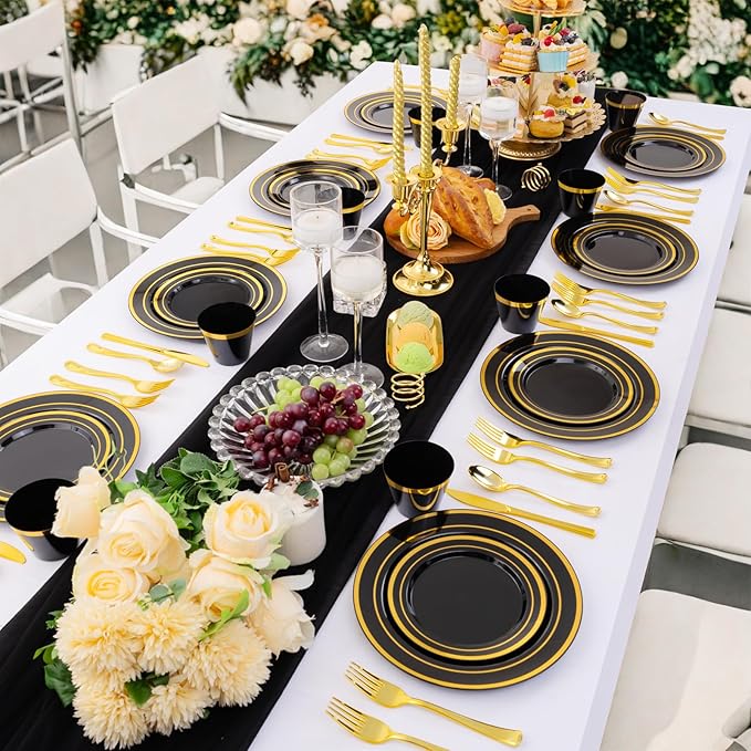 WELLIFE 150 PCS Black and Gold Disposable Dinnerware Set, Plastic Plates for Party, Including 25 Dinner Salad Plates, Cups, Forks Knives Spoons for New Year Party Supplies