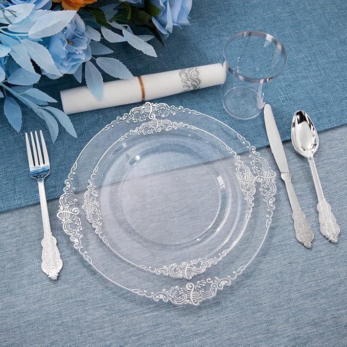 FLOWERCAT 175PCS Clear Silver Plastic Plates -Include 50 Plates, 25 Cups, 25 Forks, 25 Knives, 25 Spoons, 25Napkins for Wedding & Party&New Year