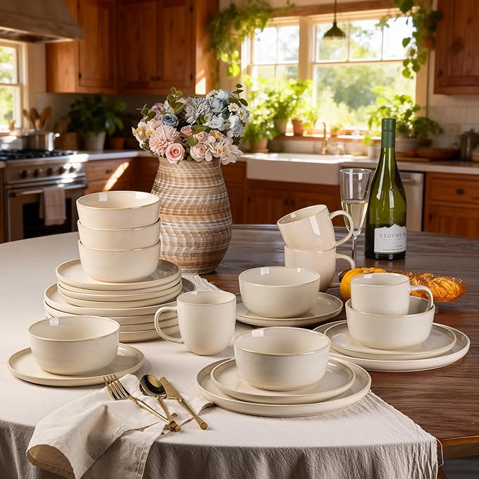 GBHOME Ceramic Dinnerware Sets for 6, 18 Pieces Stoneware Plates and Bowls Sets, Scratch Resistant Dishes, Dishwasher & Microwave Safe, Reactive Glaze-Vanilla color