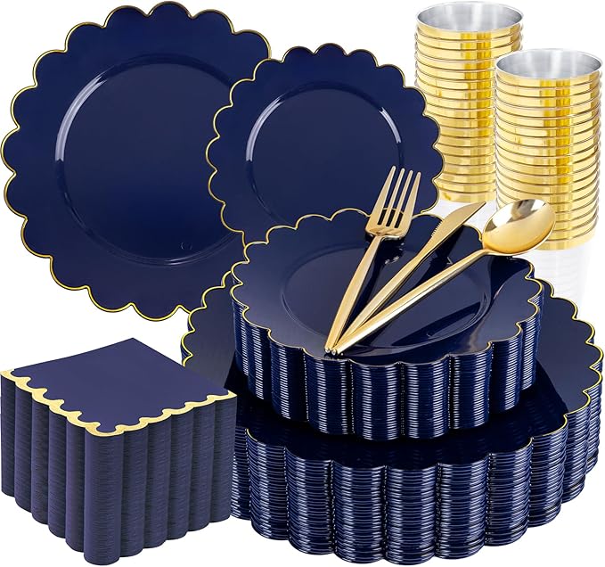 LIYH 210 Pcs Navy Blue Plates - Blue and Gold Plastic Scalloped Heavyduty Plates Disposable Dinnerware set, Gold Plastic Silverware for Wedding & Party 30 Guests