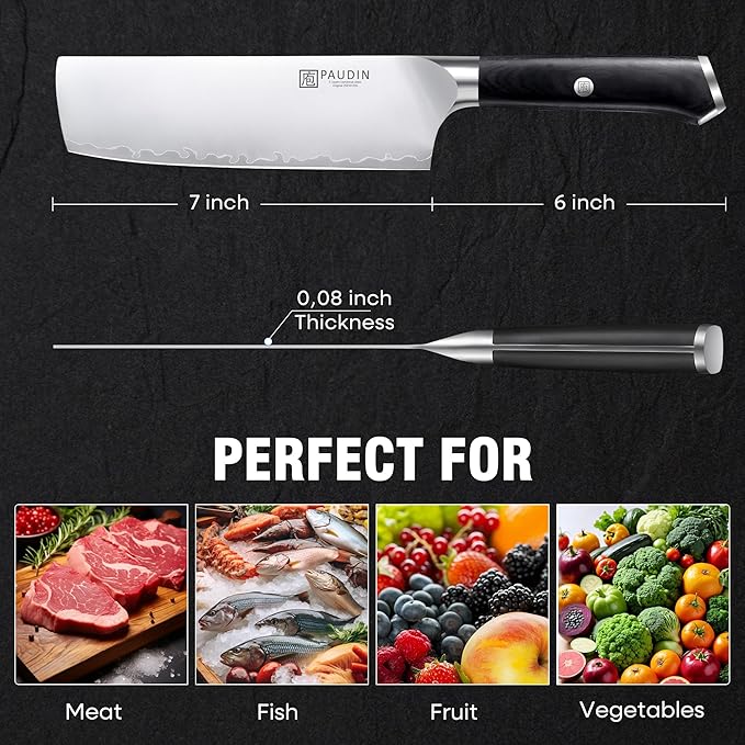 PAUDIN Nakiri Knife 7 Inch, High Carbon Stainless Steel Chef Knife, Ultra Sharp Asian Kitchen Knife for Meat and Vegetable, Chopping Knife with Ergonomic Wooden Handle