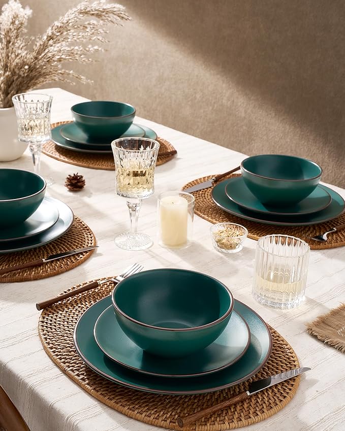 Famiware Venus Plates and Bowls Sets, 18 Pieces Stoneware Dinnerware Sets, Speckled Dishes Set for 6, Microwave and Dishwasher Safe, Matte Dark Green