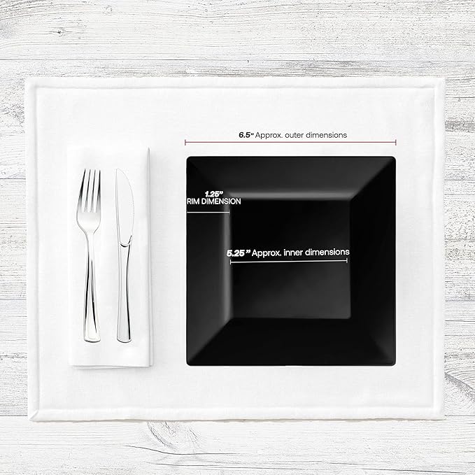 Smarty Had A Party 120 Elegant Disposable Plastic Dessert Plates, 6.5" Heavy Duty Fancy Square Black Salad Plates for Appetizers, Cakes, and Events, Bulk Party Supplies