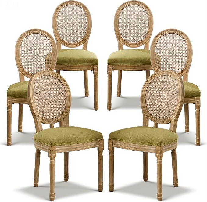 SoarFlash French Dining Chairs Set of 6, Vantage Dining Chair with Round Back, Wood Leg Farmhouse Country Rattan Dining Chair for Kitchen,Bedroom,Olive Green