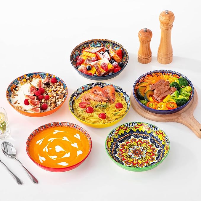 vancasso 32 Oz Pasta Bowls, Porcelain Large Colorful Salad Soup Bowls Set of 6, Dishwasher & Microwave Safe, Pasta Serving Bowls Plates for Kitchen, Dishwasher & Microwave Safe, Series KRVI