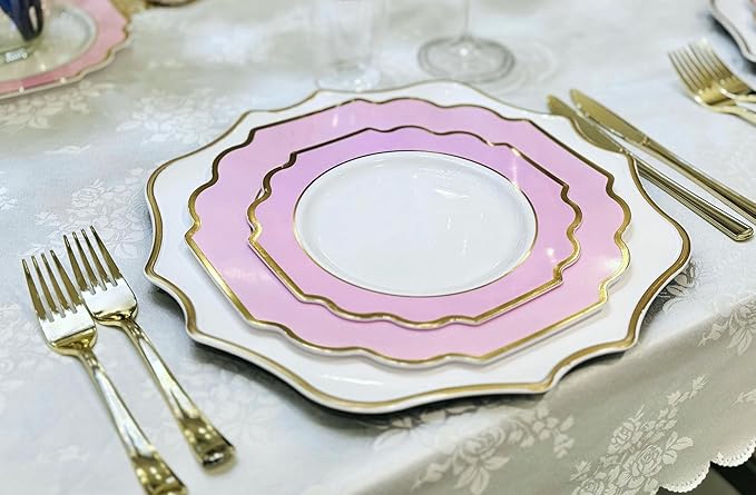 " OCCASIONS " 240 Plates Pack (120 Guests) Heavyweight Wedding Party Disposable Plastic Plates Set -120 x 10.5'' Dinner + 120 x 8'' Salad/Dessert Plate (Imperial in Light Pink & Gold)