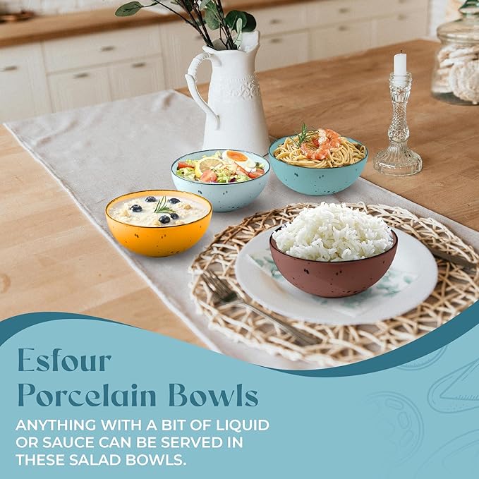 Esfour Round Porcelain Bowls - 20 Ounce - Set of 4 - Microwave, Oven, Dishwasher-Safe, Scratch Resistant, Porcelain Durable Small Dishes Bowls for Cereal, Salad, Pasta, Soup, Dessert - Assorted Vivid