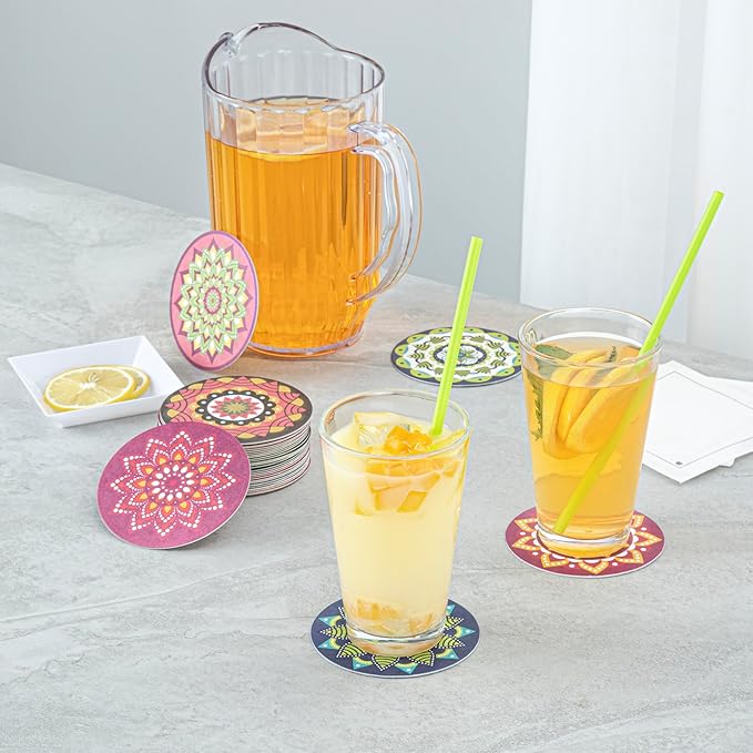 Restaurantware Paper Bar Coasters 480 Count 3.5 Inch Super Absorbent Beverage Coasters Pulpboard Assorted Design Drinkware Coasters Durable Paper Round Assorted