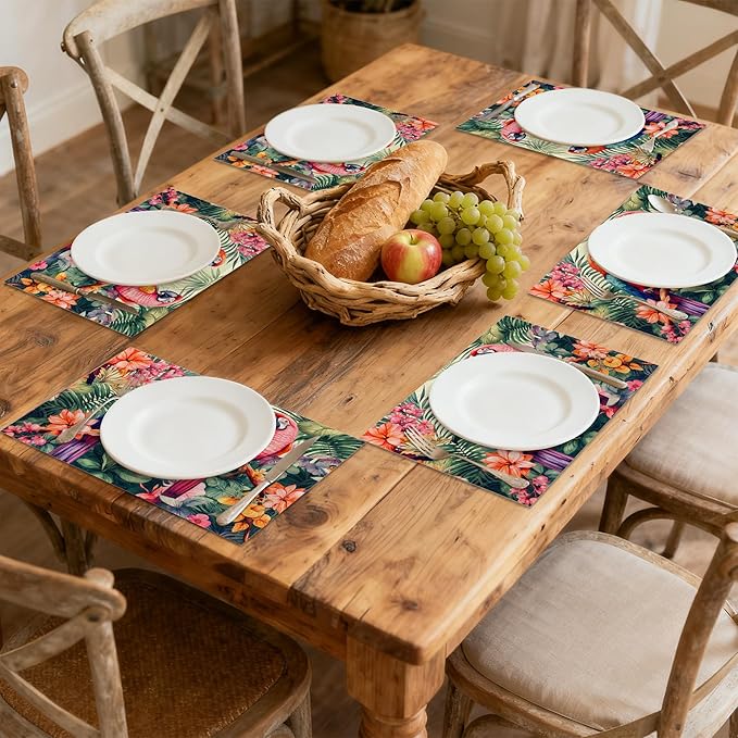 Placemats Set of 6 Tropical Parrot Forest Place Mats Washable Kitchen Dining Linen Table Mats Stain Heat, for Home Party Indoor 12x18 in