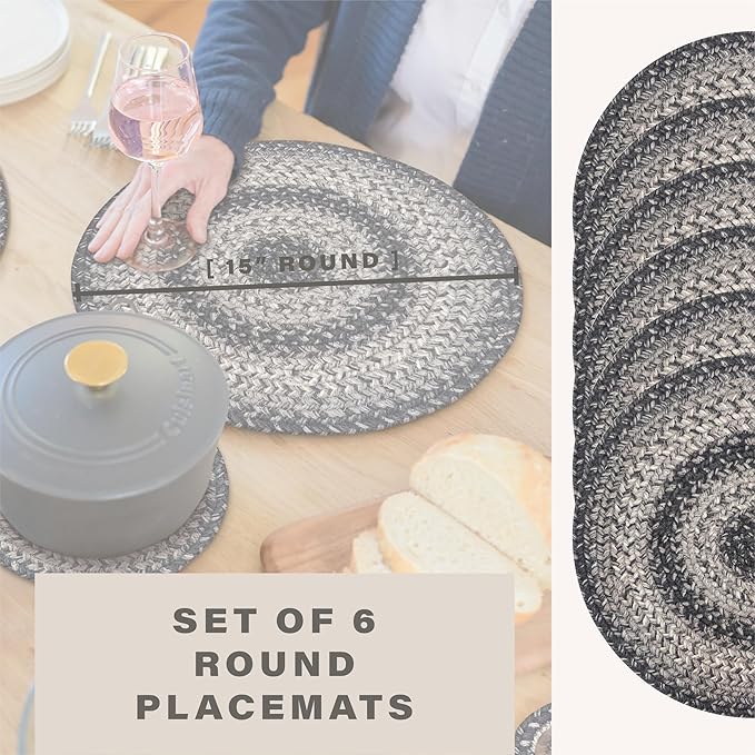 Homespice Flint Hill Jute Woven Round Placemats Set of 6, 15", Warm Primitive Decor, Grey Table Mats - Vibrant Colors, Durable, Easy to Clean and Protects Furniture