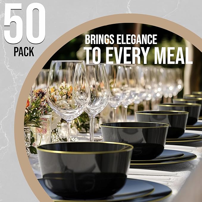 Trendables Plastic Bowls Disposable Bowls 24 Oz Bowl Set Of 50 Black Gold Rimmed Fancy Plastic Serving Dishes Perfect for Parties and Events Disposable Candy Bowl