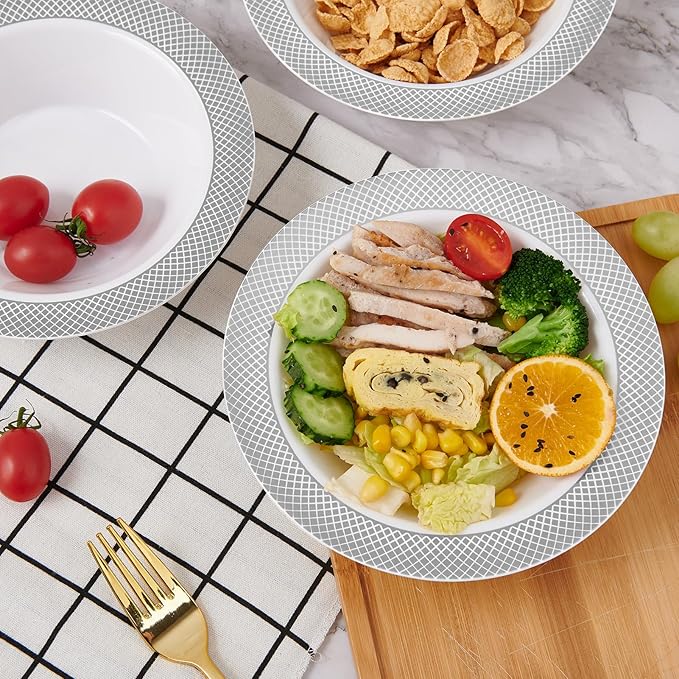 JOLLY CHEF 50 Pack Plastic Bowls with Silver Rim, 12 oz Disposable Soup Bowls, Heavy Duty Plastic Dinner Bowl for Weddings, Party, Dinners, Catering, Christmas and Everyday Use
