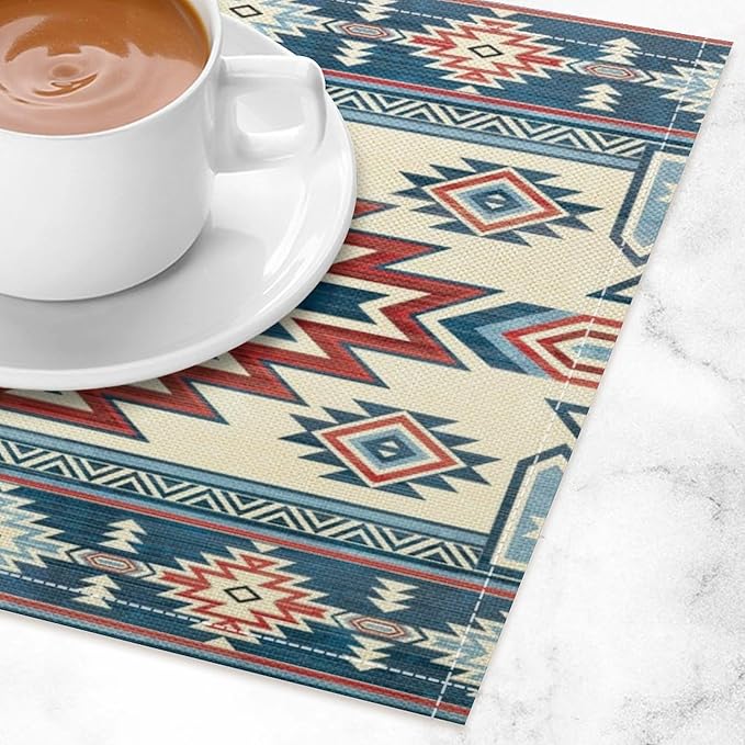 Ethnic Aztec Placemat Set, Vintage Bohemian Rustic Farmhouse Blue Red Mystic Native Tribal Geometric Totem Pattern Home Decor Linen Table Mats for Dining Room Kitchen Party (17x12in) x4P