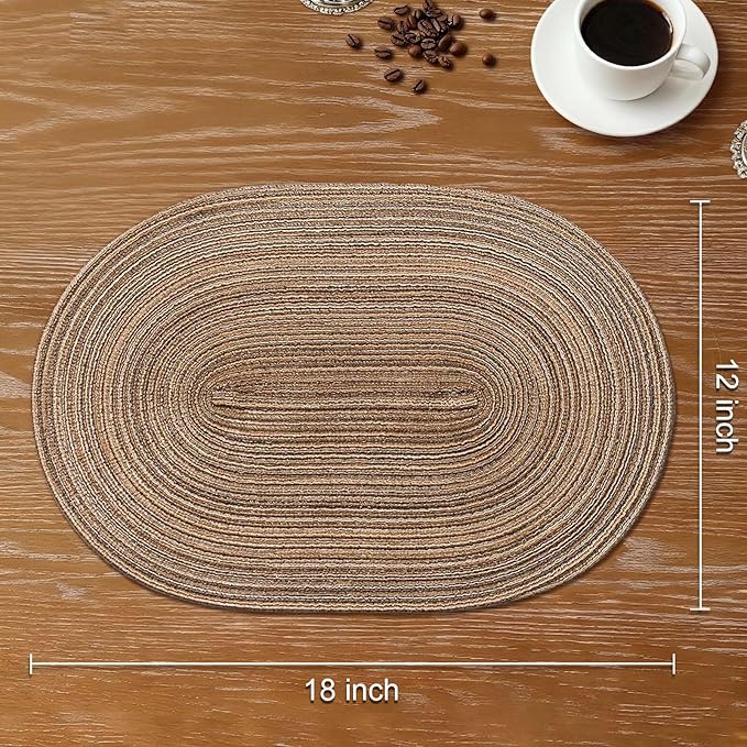 Noctiflorous Oval Braided Placemats Set of 6 Woven 12x18 Inch Non Slip Washable Heat Resistant Place Mats Round Tablemats for Dining Kitchen Party Daily Table Decor Dinner Mats (Brown, 6)