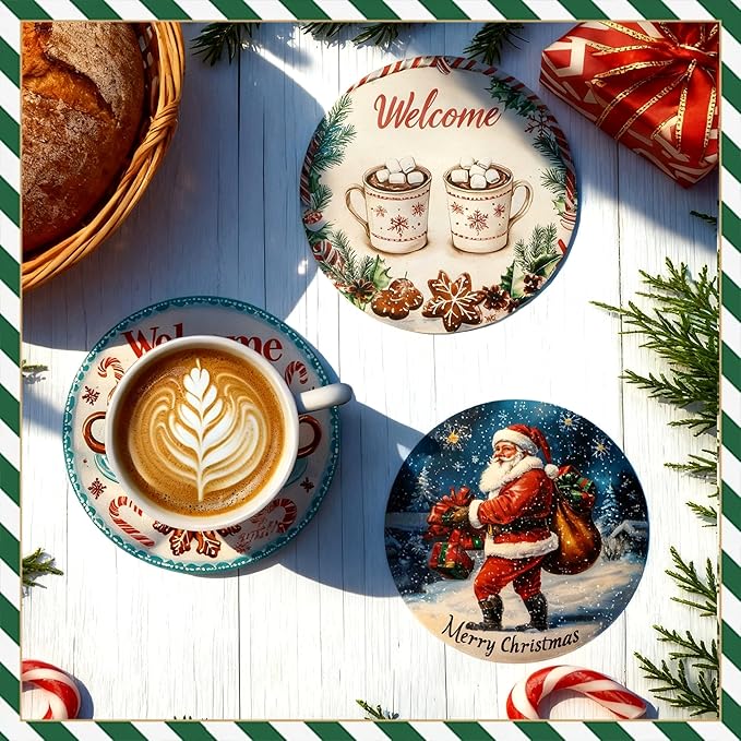 Christmas Drink Coasters Set of 6 with Black Holder and Cork Base, Absorbent Ceramic Coasters Round Decorative Coffee Table Decor for House Warming Gifts New Home