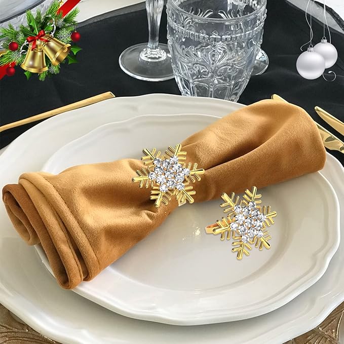 ZeeDix Christmas Gold Snowflake Napkin Rings Set of 8, Napkins Ring for Dinning Table - Rustic Dinner Tables Decoration for Wedding Receptions Christmas Thanksgiving Holiday Party Dinner Parties