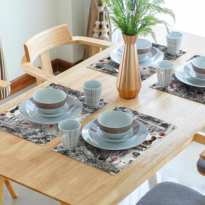 Winter Placemats Set of 4 - Cute Cat Snowman Xmas Tree Place Mat Tablemats 12x18 for Kitchen Dining Table