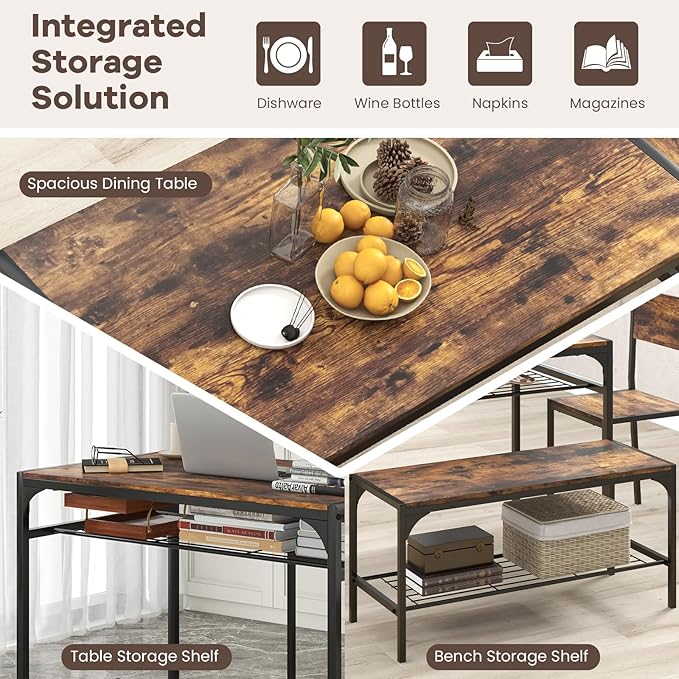 NAFORT Dining Table Set for 4, Kitchen Table with 2 Chairs and Bench, Rustic Wood Dining Set with Metal Storage Shelf, 4-Piece Space-Saving Dinette Sets for Kitchen&Dining Room, Apartment