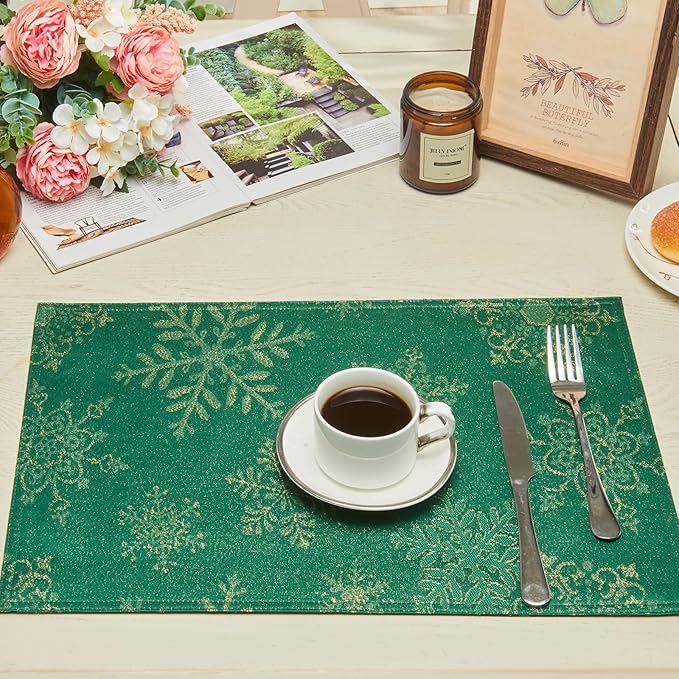 Cloth Place Mats Set of 8–Reusable Rectangular Waterproof Fabric Polyester Washable Wipeable Heat Resistant Jacquard Sparkling Metallic Snowflake for Kitchen Table(Hunter Gold/13x19 Inch)