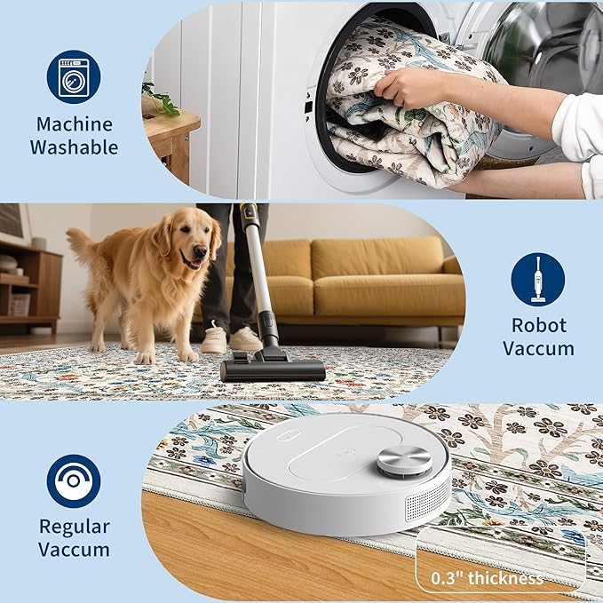 GarveeHome Floral Entryway Rug, 2x3 Washable Front Door Entry Throw Rugs Indoor, Non Slip Bathroom Small Rugs, Boho Thin Rug for Kitchen, Soft Carpet Mat for Bedroom Bathroom, Beige