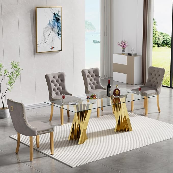 5 Piece Glass Dining Table Set,70" Dinner Room Glass Table Set for 4,Modern Kitchen Dinner Table Set with Stainless Steel Base and 4 Upholstered Velvet Dining Chairs for Living Dining Room