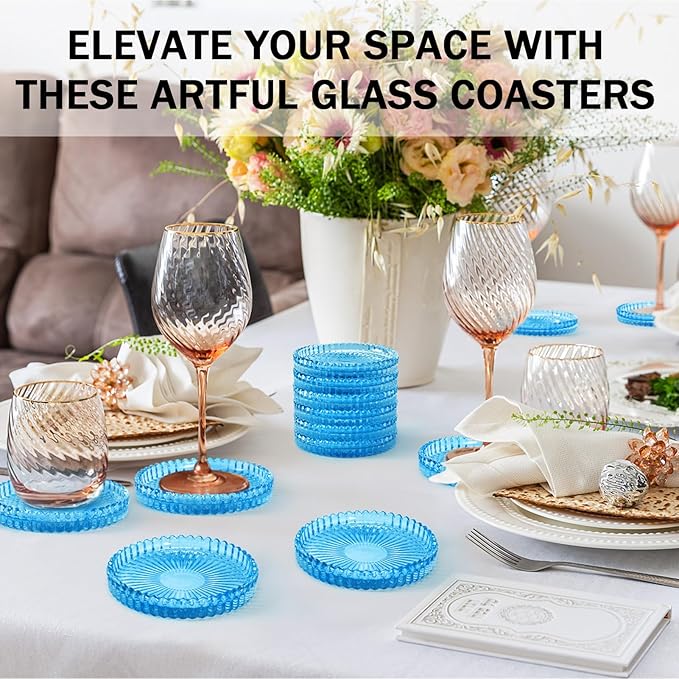 Modern Glass Coasters, GOH DODD Set of 6 Crystal Coasters Tabletop Protection for Drinks, Home Decor, Kitchen, Living Room, Patio, Wedding, Party, Housewarming Gifts, Clear Blue