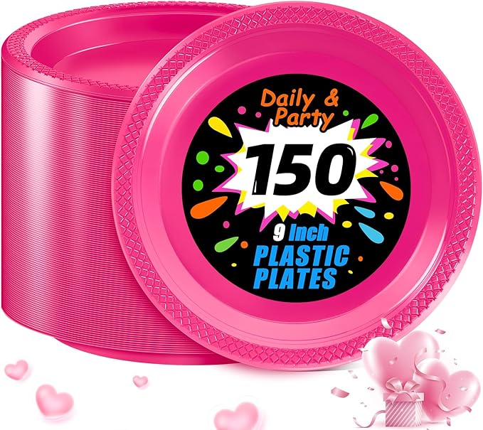 WELLIFE Hot Pink Party Plates 9 Inch -150 Count, Disposable Plastic Dinner Plates for Party Valentine's Day Girls' Birthday Baby Shower Wedding