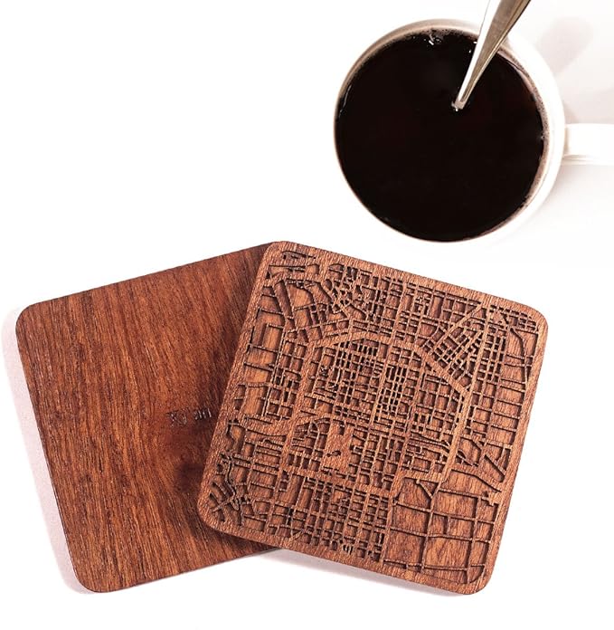 Xi'an Map Coaster by O3 Design Studio, Set of 4, Sapele Wooden Coaster with city map, Multiple city optional, Handmade