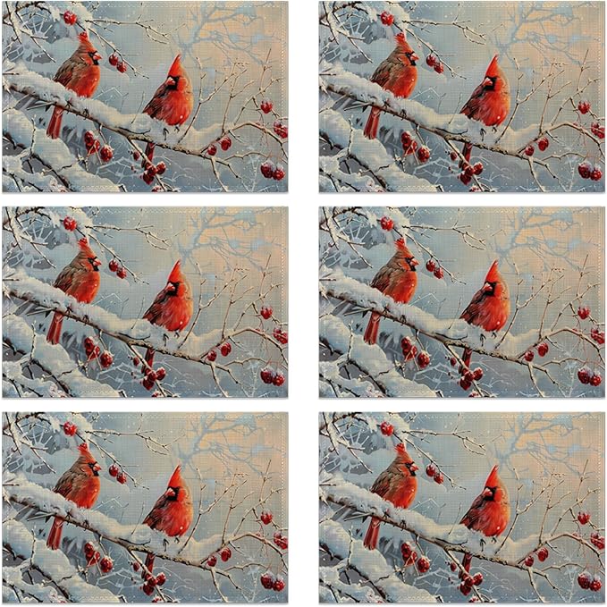 Table Placemats Set of 6, Waterproof Linen Fabric, Non-Slip Backing & Easy Clean, Elegant Dining Table Protectors for Family and Guests(Red Cardinal Bird Christmas)