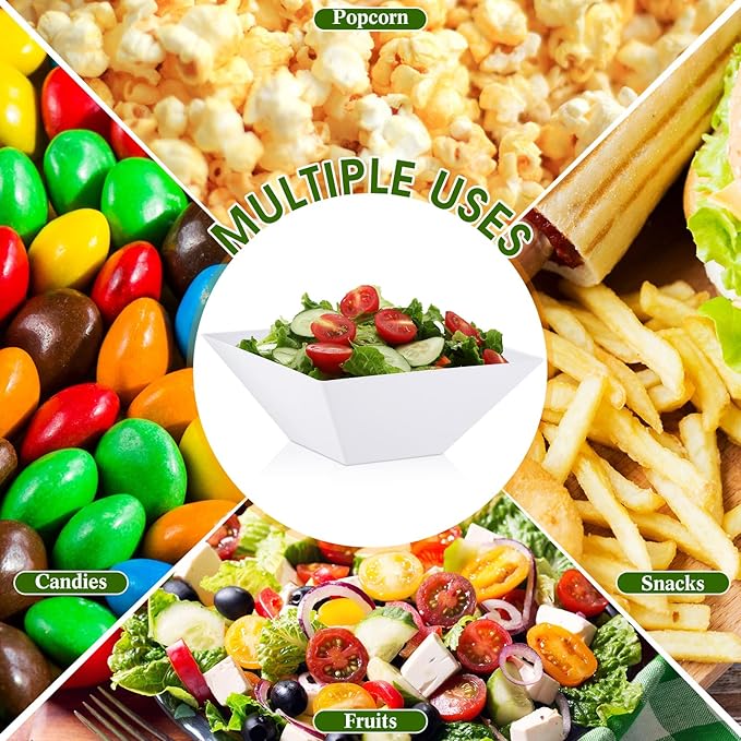 Tioncy 30 Pcs Square Plastic Serving Bowls, Medium Salad Fluted Plastic 35 oz Disposable Serving Bowls Containers for Parties, Snack, Buffet, Chips(White,Classic)